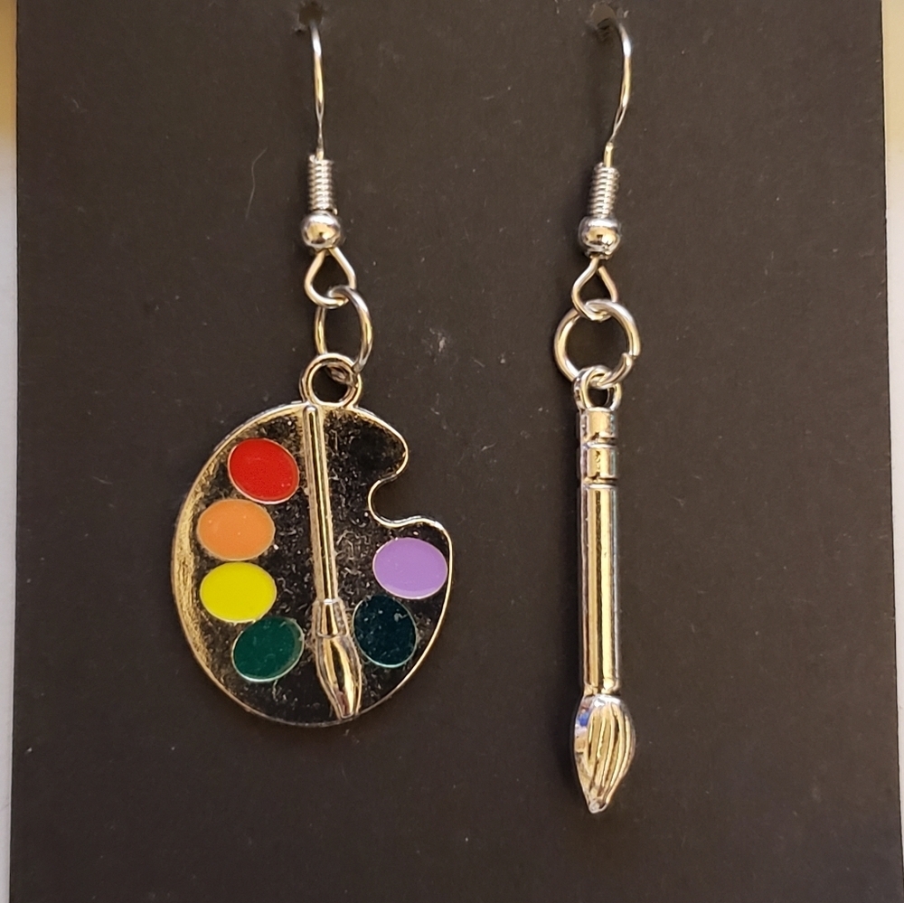 Handmade Silver Metal Artist Palette Paintbrush Earrings